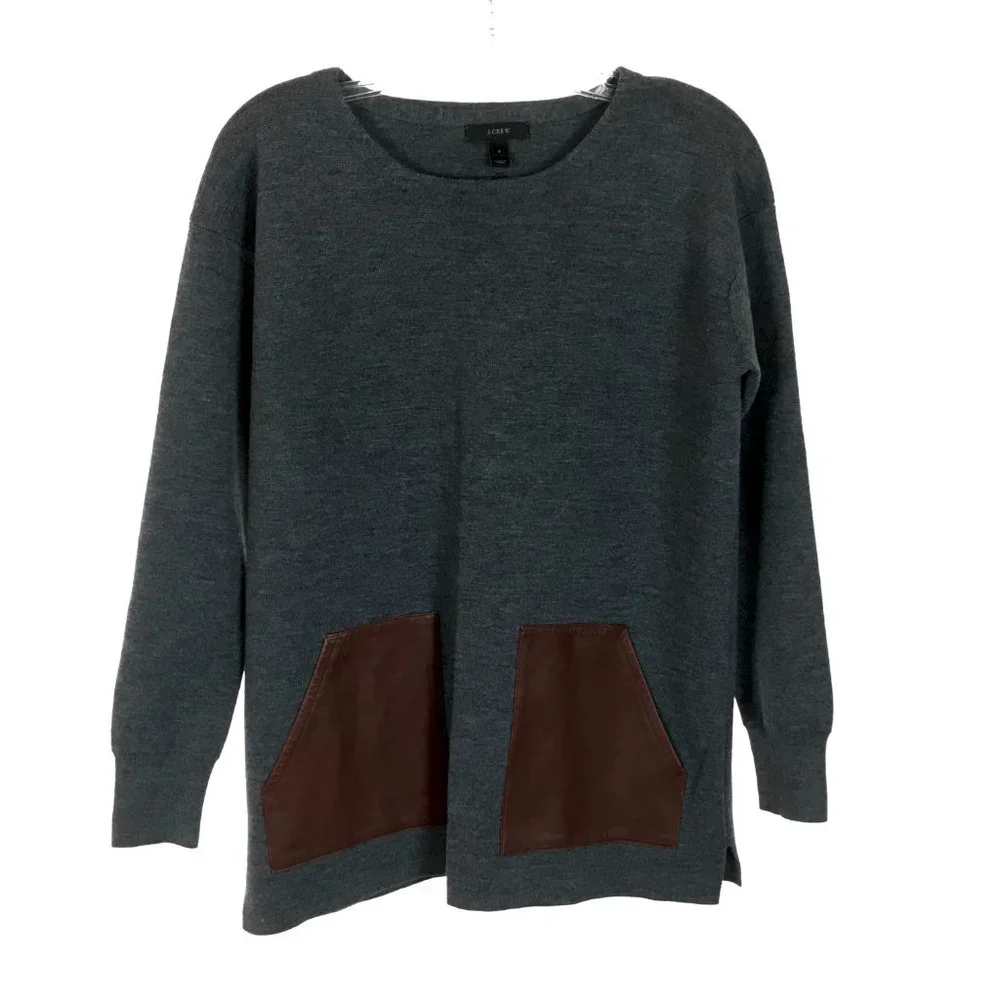 Womens Size Small J. Crew Gray Leather Pockets Pure Merino Wool Sweater